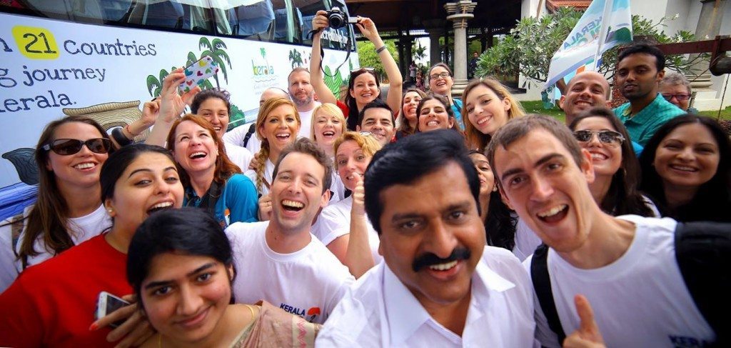 The minister taking a selfie with the group as he officially flags off the Kerala Blog Express!