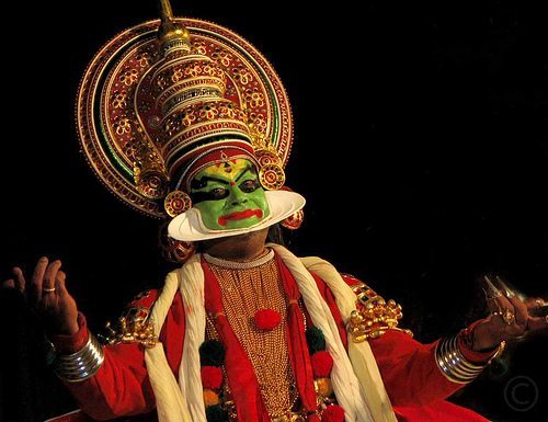 Amazing costumes and facial expressions at a Kathakali show