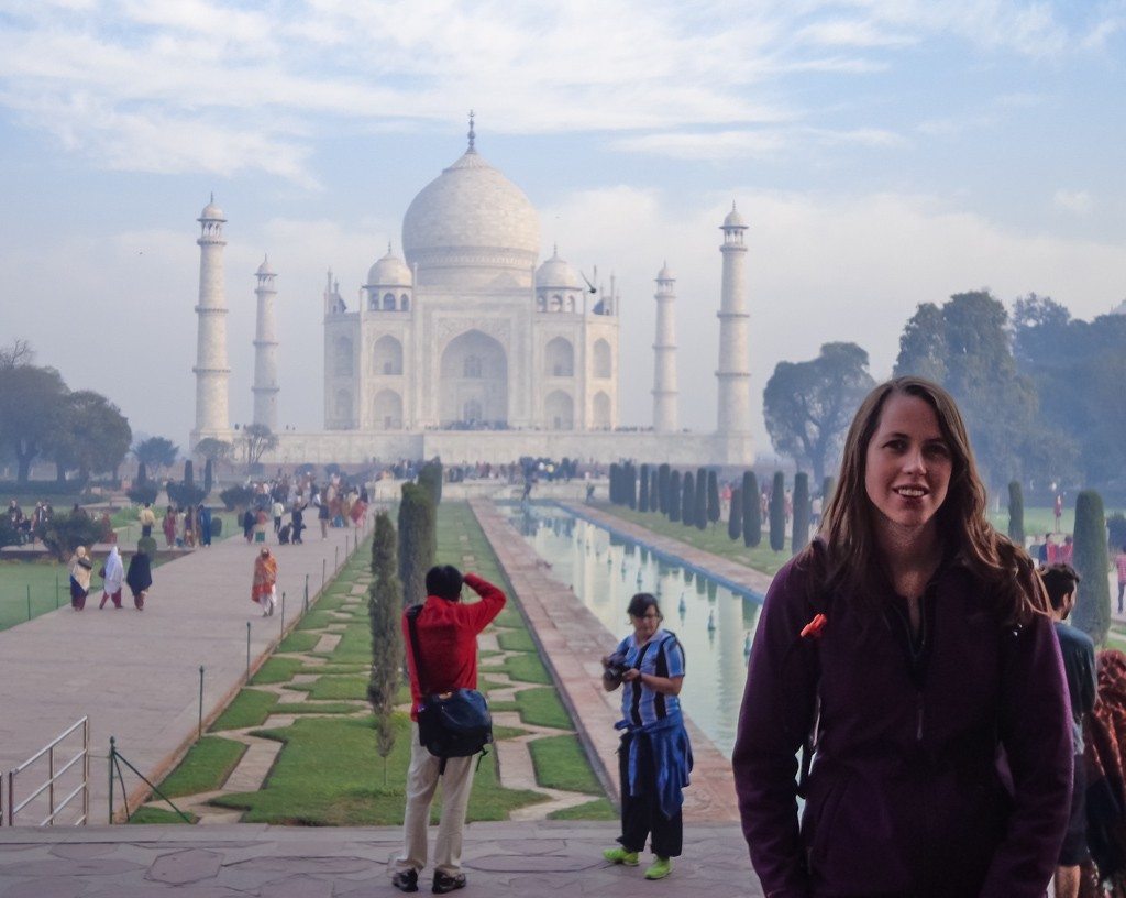 anna at taj mahal in the morning on first trip to india