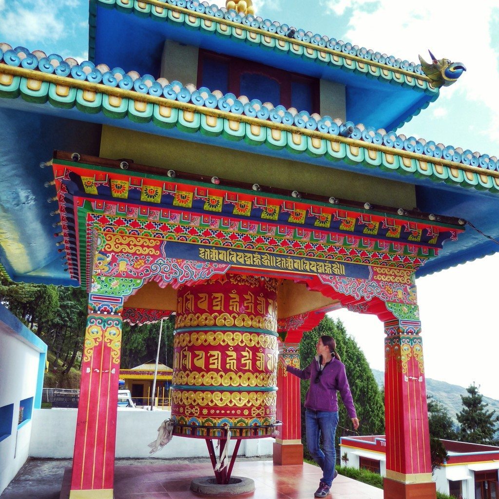 huge colourful Tibetan prayer wheel