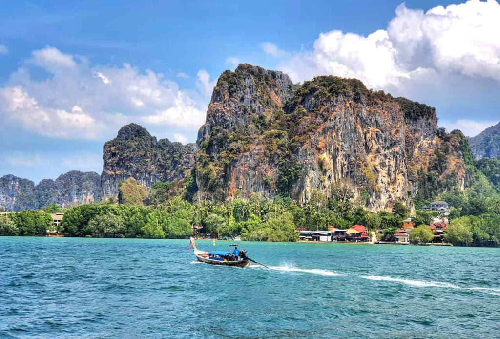 Railay bay and krabi's dramatic limestones cliffs as seen from the sea